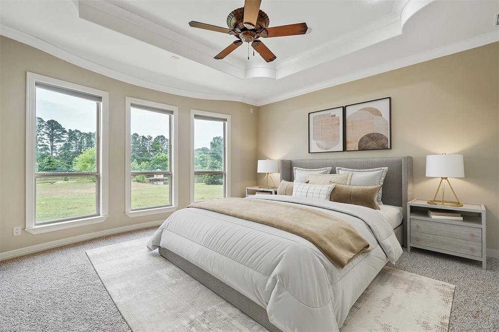 20389 County Road 178 Flint, TX 75762 - Photo 24 of 40 Tray ceiling with crown molding, three large windows, and a ceiling fan