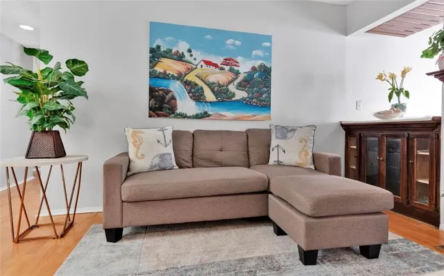 a living room with furniture a rug and a potted plant