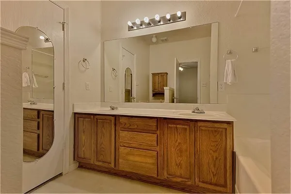 a bathroom with a double vanity sink a mirror and a shower