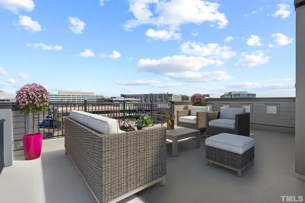 a roof deck with couches and potted plants