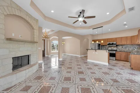 a view of a green field with plants and large trees