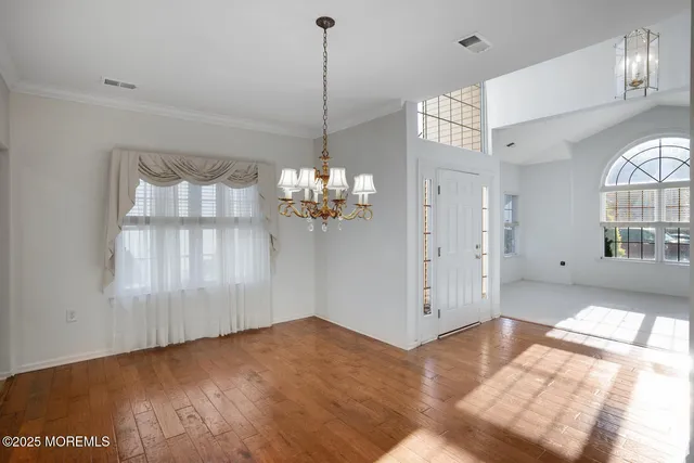 a view of a chandelier in a room