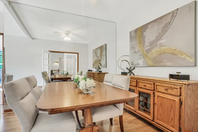 a view of a dining room with furniture