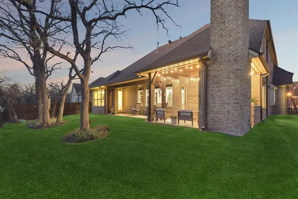 a garden view with a seating space