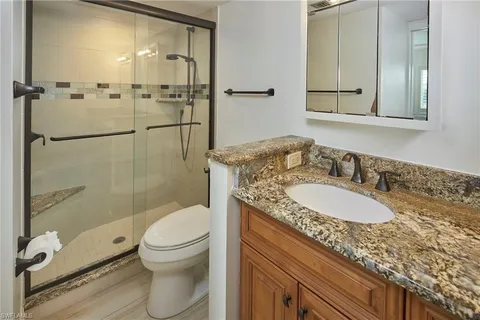 a bathroom with a granite countertop sink toilet and shower