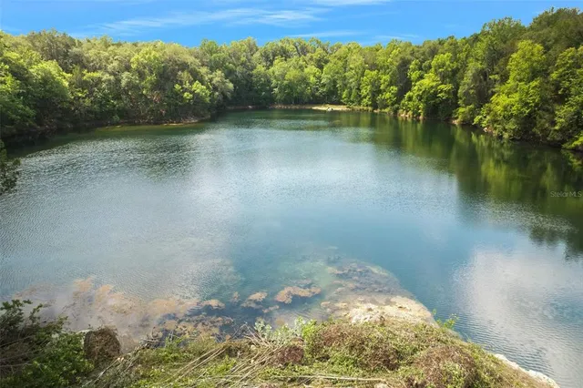 a view of a lake with a house in the background