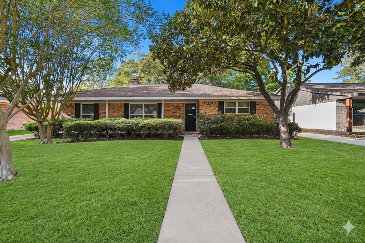 a front view of a house with a yard and trees