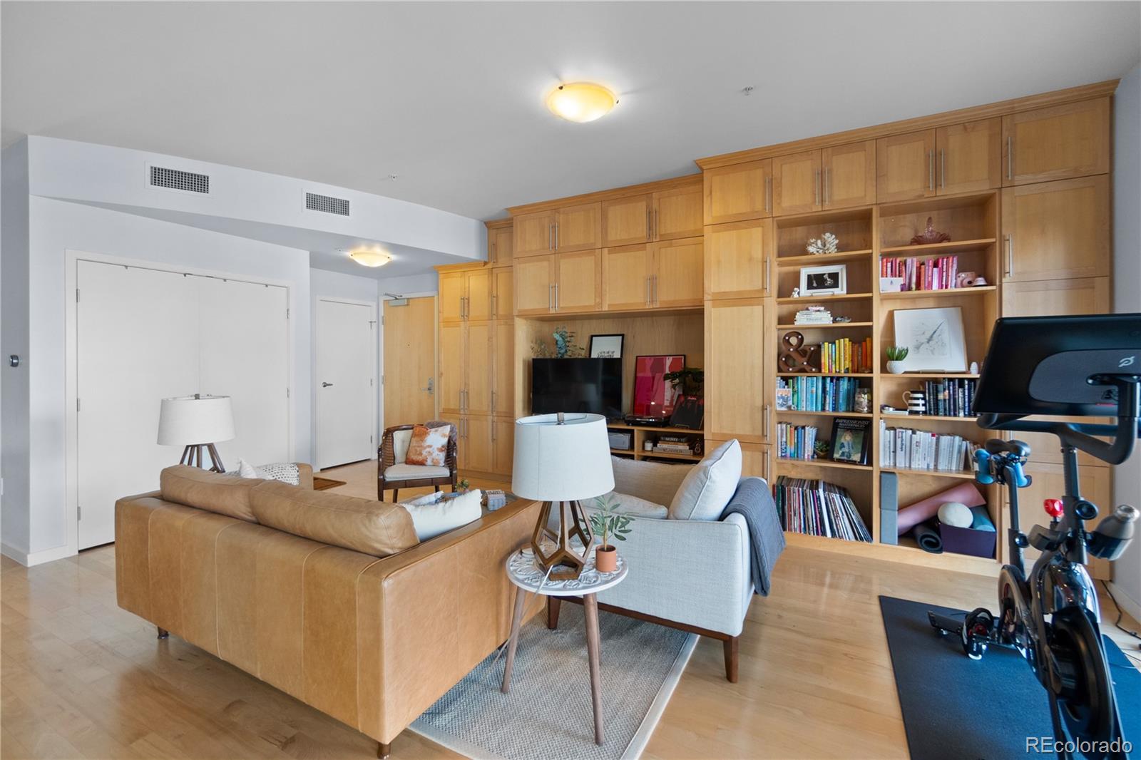 1438 Little Raven Street, Unit 310 Denver, CO 80202 - Photo 5 of 24 a living room with furniture and a book shelf