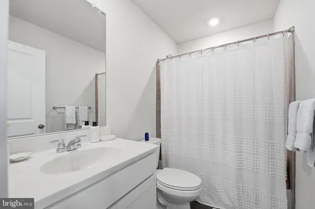 a bathroom with a sink a toilet and shower curtain