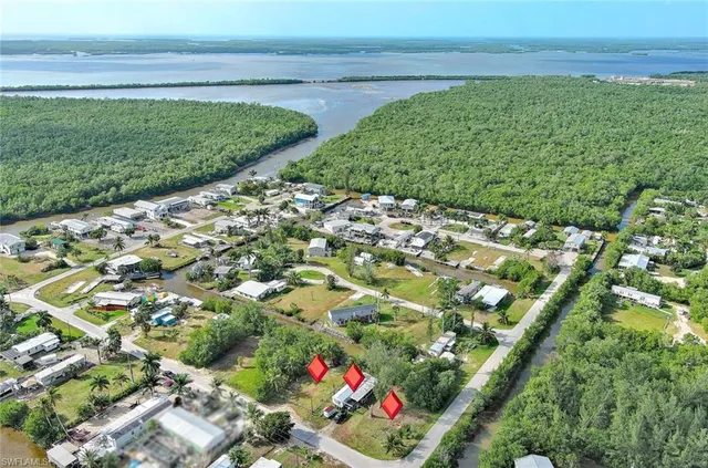 an aerial view of residential houses with outdoor space and swimming pool