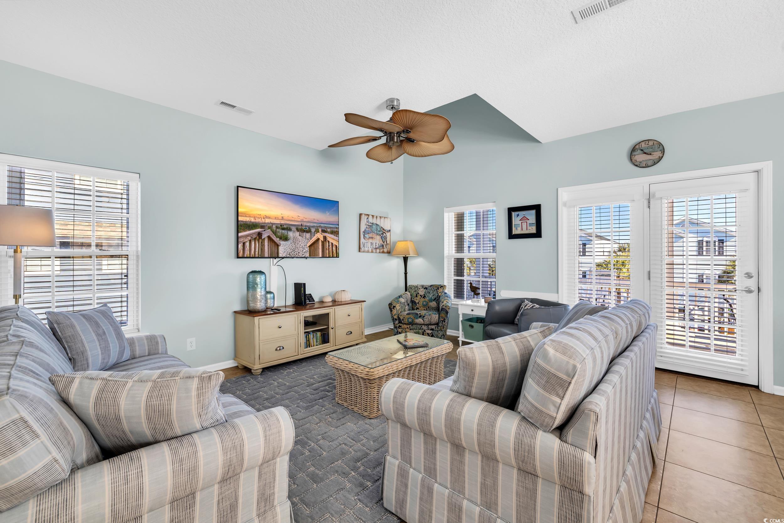 512 North Ocean Boulevard Surfside Beach, SC 29575 - Photo 30 of 39 Living room featuring ceiling fan, tile patterned flooring, visible vents, and baseboards