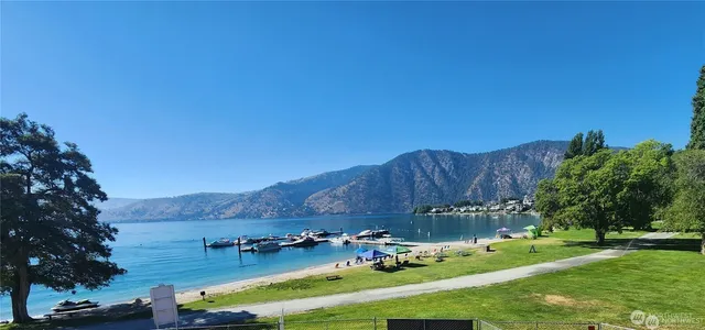 a view of a lake with a mountain and trees in the background
