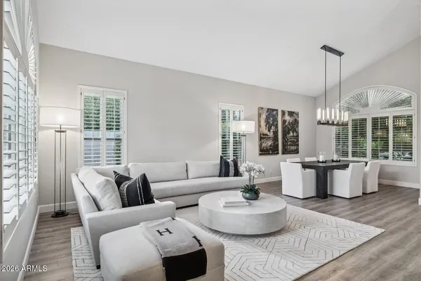 a living room with furniture and a potted plant