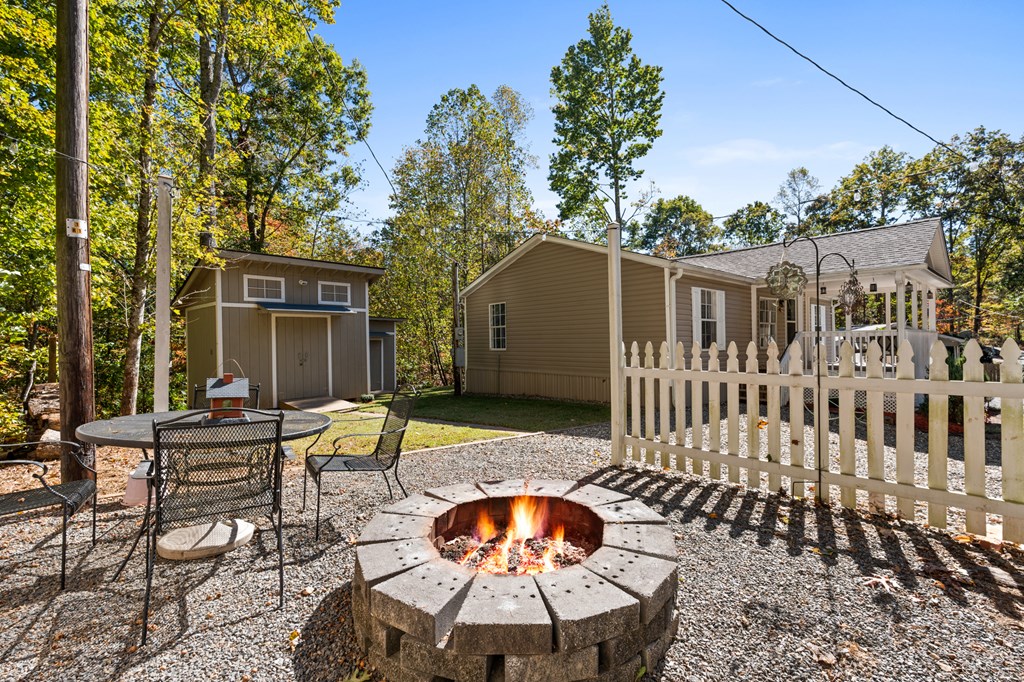 39 Red Bush School Road Blue Ridge, GA 30513 - Photo 12 of 36 a backyard of a house with table and chairs potted plants and large tree