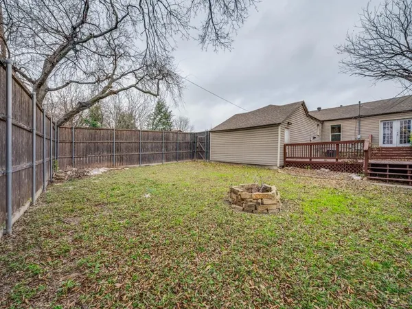 a backyard of a house with table and chairs