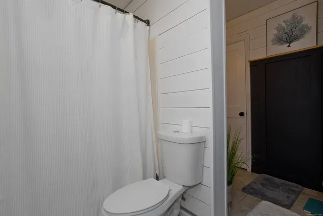 a white toilet sitting next to a shower curtain