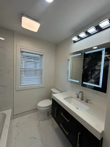 a bathroom with a double vanity sink mirror and toilet