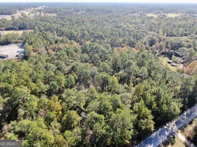 an aerial view of residential house with outdoor space and trees all around