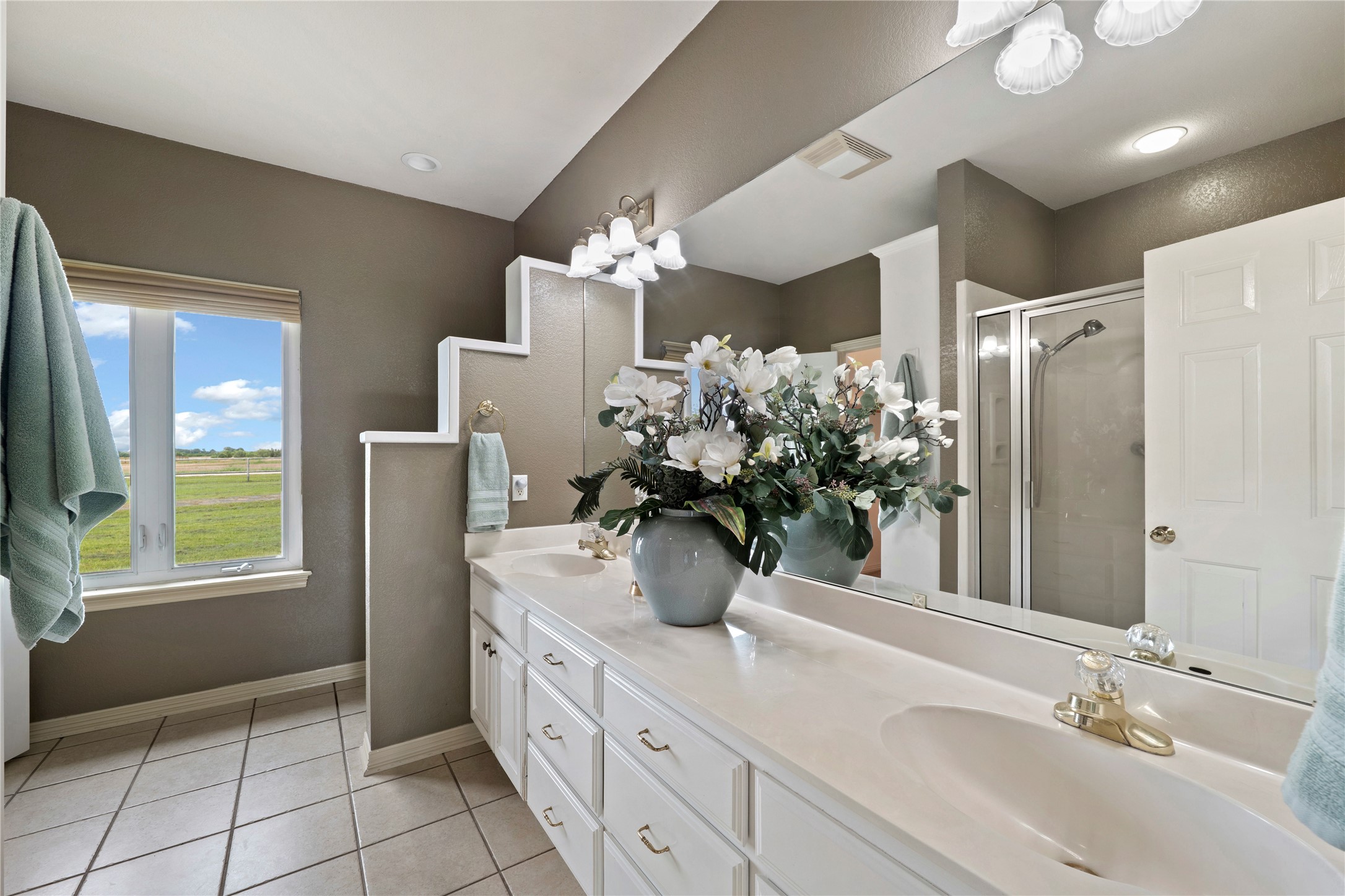 1005 East Buttercup Road Taylor, TX 76574 - Photo 13 of 38 a bathroom with a double vanity sink a mirror and a shower