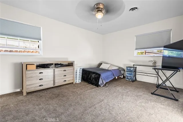 a view of a bedroom with furniture and closet