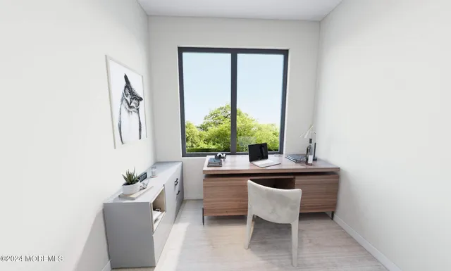 a bedroom with a bed furniture and mountain view
