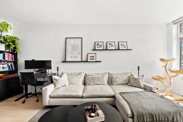 a living room with furniture and a potted plant