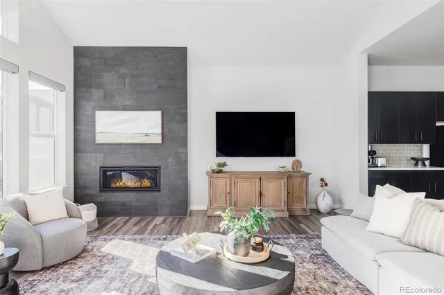 a living room with furniture a flat screen tv and a fireplace