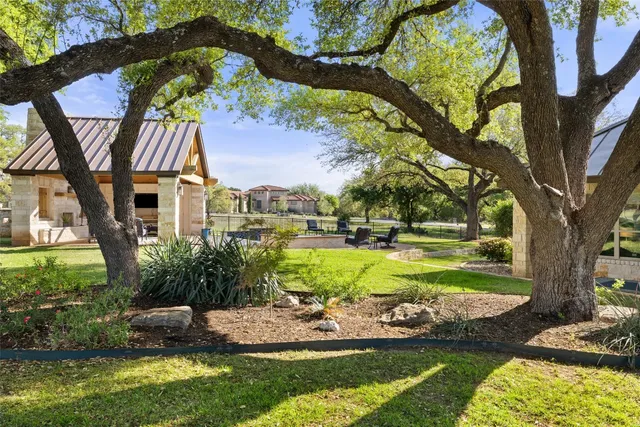 a view of a park with large trees