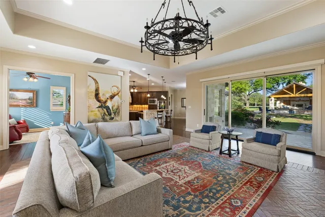 a living room with furniture large window and outdoor view