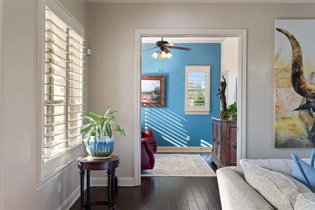 a living room with furniture and a potted plant