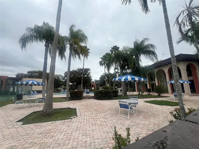 a view of a park with palm trees