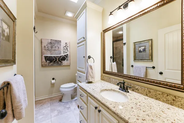 a bathroom with a granite countertop toilet sink and mirror