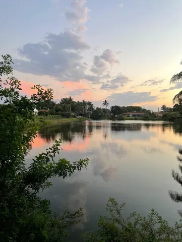 a view of a lake with houses in the back