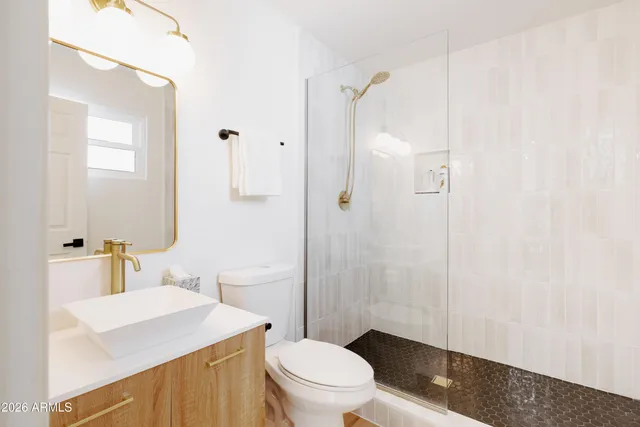 a bathroom with a sink a toilet a mirror and shower