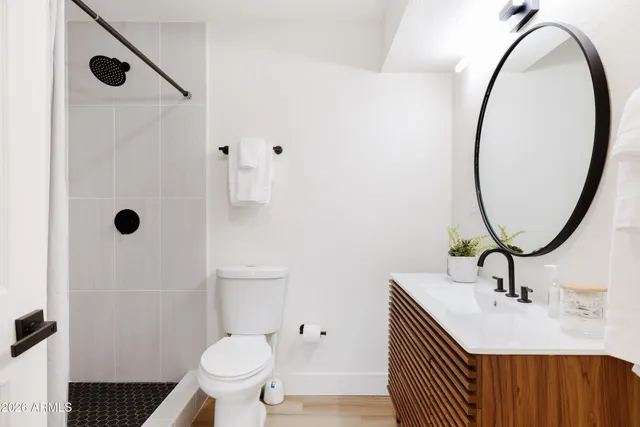 a bathroom with a sink a toilet and a mirror