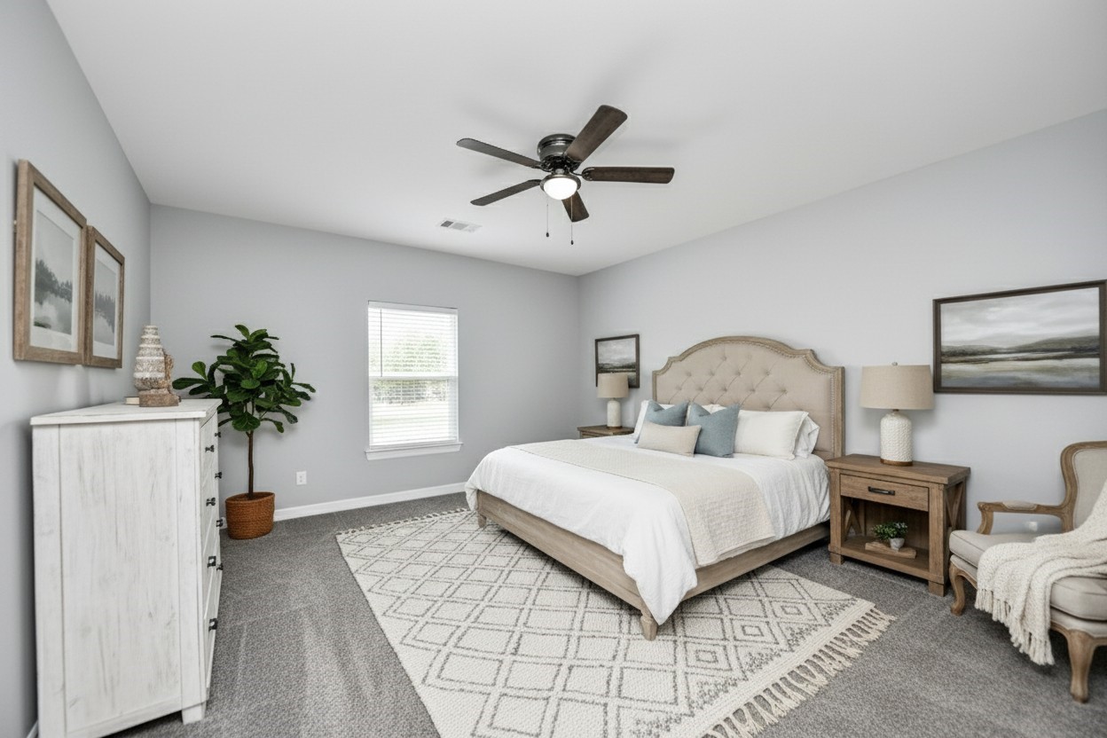 406 North 4th Street Beasley, TX 77417 - Photo 19 of 29 a bedroom with a bed and a chandelier