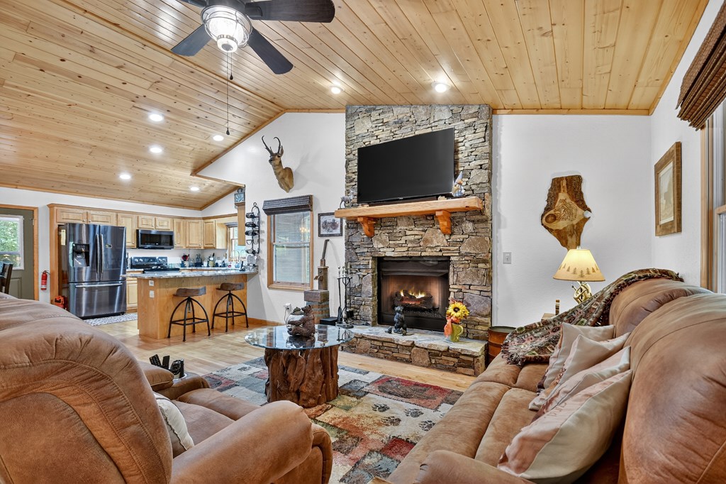 1044 Boulder Crk Road Murphy, NC 28906 - Photo 18 of 38 a living room with furniture a flat screen tv and a fireplace