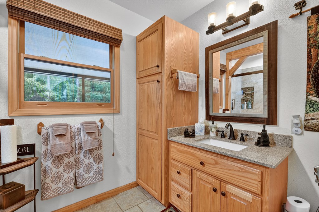 1044 Boulder Crk Road Murphy, NC 28906 - Photo 28 of 38 a bathroom with a granite countertop sink mirror vanity and a shower