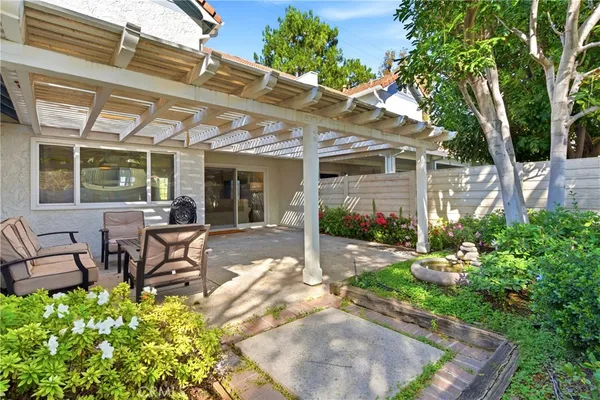 front view of a house with a patio