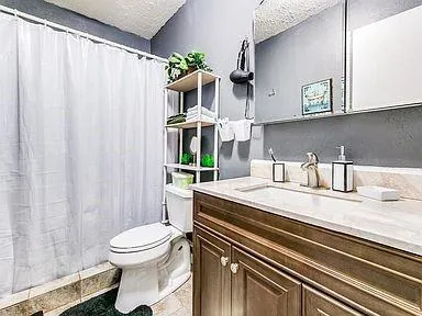 a bathroom with a sink a toilet and shower curtain