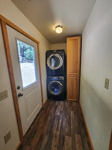 a view of a yard with plants and trees