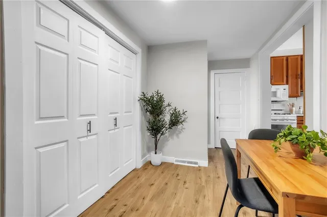 a view of a dining room with furniture and a potted plant