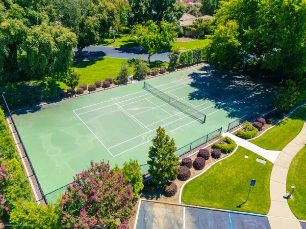 an aerial view of a pool