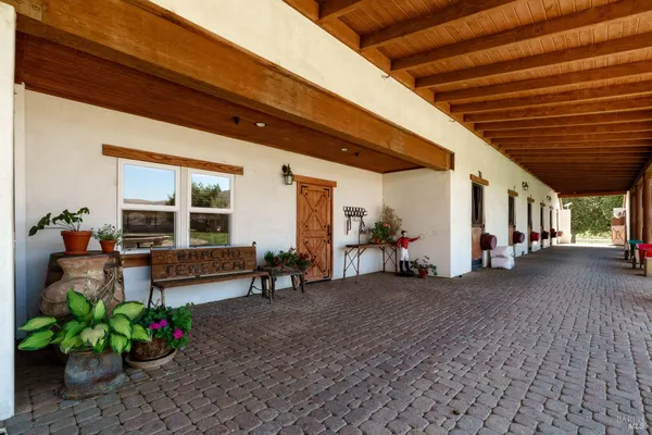 a view of a porch with furniture and a potted plant