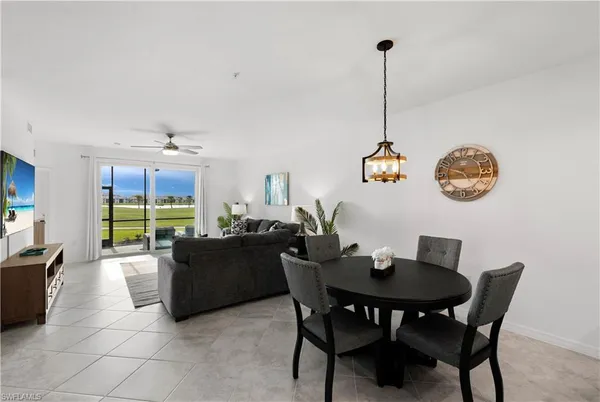 a view of a dining room with furniture window and outside view