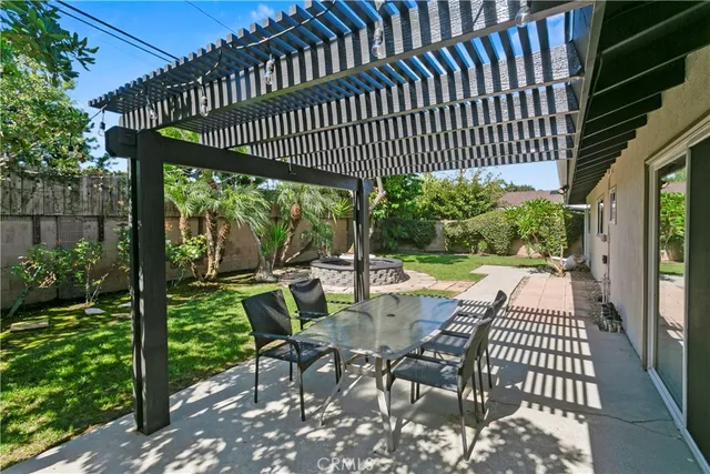 a view of a patio with a table chairs and backyard