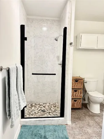 a bathroom with a toilet and a shower
