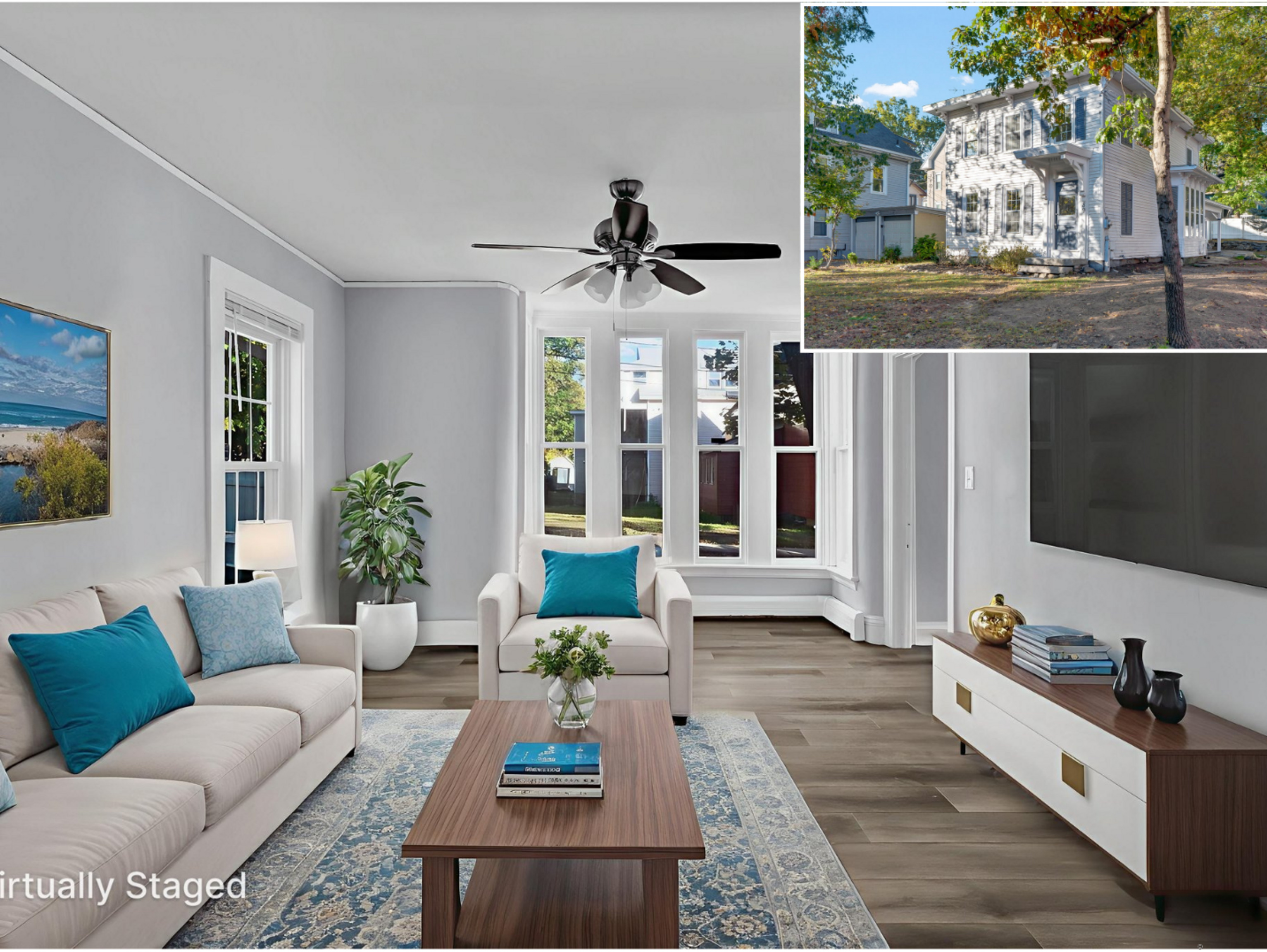 a living room with furniture potted plant and a flat screen tv