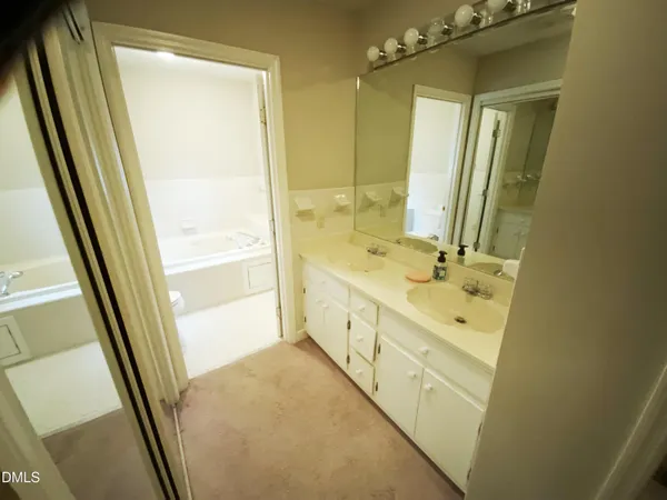 a bathroom with a double vanity sink and a mirror