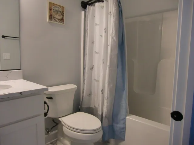 a white toilet sitting next to a shower